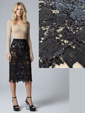 Vintage Statement Black Sheer Cotton Lace Pencil Skirt Stretch Waist Unlined